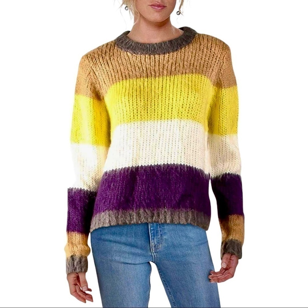 *CLOTH Colorblock Neon Stripe Chunky Ribbed Knit Sweater Fuzzy Crew Neck‎ Jumper
